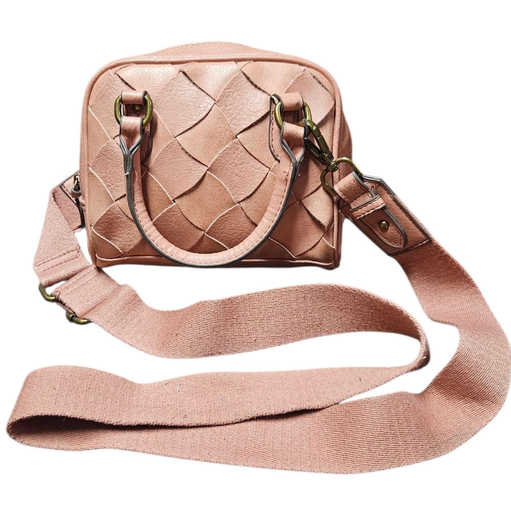 Blush Pink Woven Faux Leather Crossbody Bag with Wide Strap